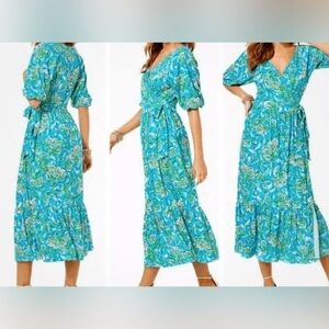 Lilly Pulitzer Brantley Midi Wrap dress. Blue and Green Floral Dress size S.